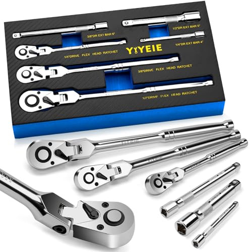 YIYEIE 6-Piece Flex Head Ratchet Set, 1/4, 3/8, 1/2 Drive, Swivel Head Ratchet Wrench with Extension Bar, 72 Tooth, 180° Adjustable, Quick-Release, Flexible Ratchet Handle with EVA Foam