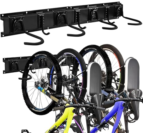 EXLECO Fahrradhalter Fahrrad Wandhalterung 4 Fahrräder & 3 Helm Verstellbare Fahrradhalterung Wand Fahrradständer Vertikale Wand Fahrradaufhängung mit Rahmenschutz für Wohnung Garage Aufbewahrung