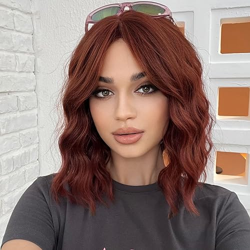 WOKESTAR Bob Lockige Perücke mit Fransen, Kurze Synthetische Gewellte Perücken für Frauen Kupfer Farbe