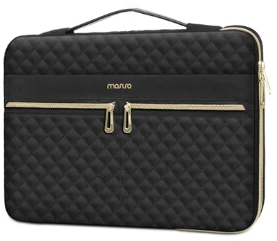 MOSISO 360 Protective Laptop Sleeve Compatible with MacBook Air/Pro, 13-13.3 inch Laptop Bag, Compatible with MacBook Pro 14 inch, Square Quilted Side Open Bag with 3 Pockets&Handle&Belt, Black