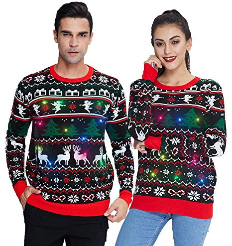 Freshhoodies Weihnachtspullover Mit Beleuchtung Unisex Lustig Elf und Rentier Strickmuster Hässliche Pulli Herbst Winter Lange Ärmel Weihnachten Strickpullover Christmas Sweater Schwarz Rot XL