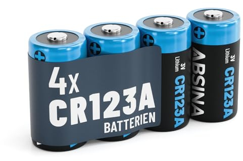 ABSINA 4x Batterie CR123A 3V al litio per fotocamere e molto altro - Batteria CR123A 3V sigillata e duratura - Batteria CR123 da 1300mAh - Pile CR123A, batteria CR123A 3V al litio, CR 123A batteria