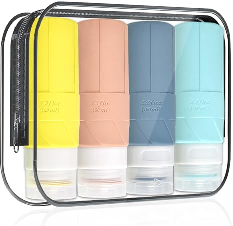 ZUOQIANG 4 piezas Botellas de Viaje Silicona, Botes Viaje Rellenables 100ml, Portátil Envases de Viaje a Prueba de Fugas para Champú, Lociones, Crema y Acondicionador (sin BPA)