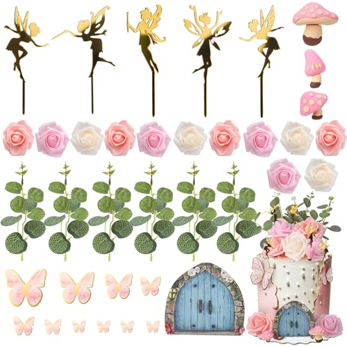 saerryor 37 Pcs Fairy Cake Topper, Flower Mushroom House Cake Decorations, Butterfly Cake Decorations fairy party decorations for Girls Party Birthday Cake Decorations Favors