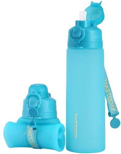 TakeToday Collapsible Water Bottles with Straw for Travel, 21oz, Ocean | BPA free, Platinum Silicone Foldable bottle with Leak-proof Lid, Wide Mouth, Carry Strap, for Outdoor, flights