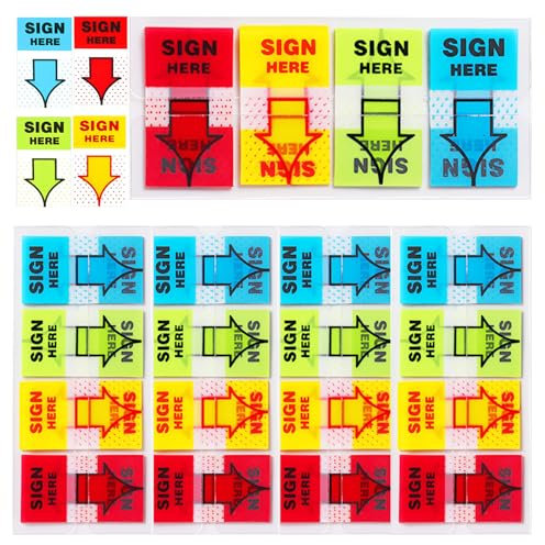 500Pcs Sign Here Stickers,4 Colors Sign Here Tabs with Dispenser Arrow Flag, Adhesive Sign Here Sticky Tabs for Documents Notebooks Home Office School Supplies