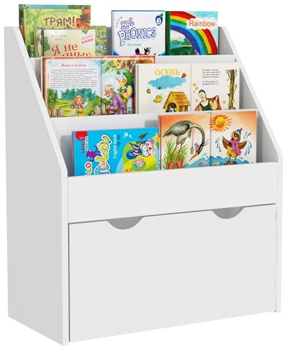 AIYAPLAY Kids Bookshelf, Bookcase Toy Storage Organizer with 3 Tier Shelves, Drawer, for Bedroom, Nursery, Playroom, Classroom, White