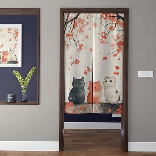 ChangTsing Rideau de Porte Japonais Noren 85 x 150 cm Coton et Lin Japonais RéTro Rideau de Porte Chaton Mignon - 4 pour Cuisine, Chambre, Salle de Bain