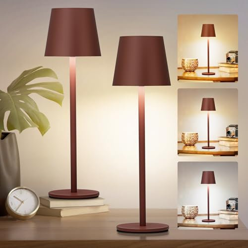 Faithorse Cordless Table Lamp 2 Pack, 5200mAh Battery Operated Table Lamps IP54 Waterproof Desk Lamp with 3-Color Modes Rechargeable Night Light Touch Control Bedside Lamp for Bedroom(Rust Red)