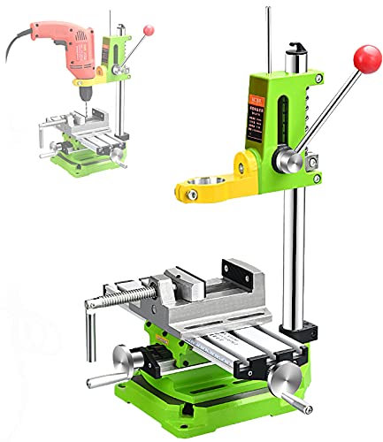 Bench Drill Press Stand,Drill Press Stand with Vice and Workbench, Multifunction Benchtop Pillar Drill Press Stand for Auxiliary Drilling and Cutting, Jaw Rotation+Height Adjustable, Easy to