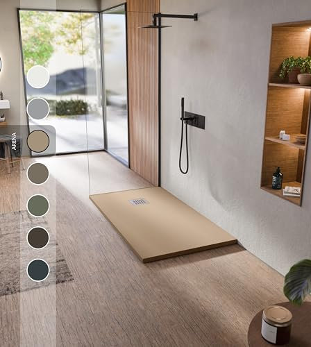 BELLOBATH - Plato de ducha de resina antideslizante - Textura pizarra suave - Plato ducha incluye válvula desagüe y rejilla- Arena - 70 X 120 cm