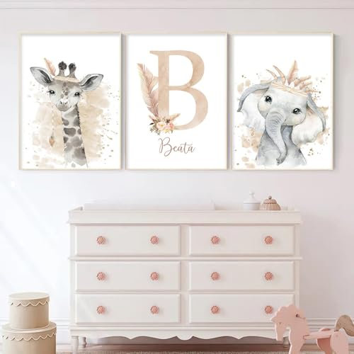 3 Poster für Babyzimmer, Mädchen, Präom, personalisierbar, Rosa, Bild Tiere, Kinderzimmer, 30 x 40 cm, Poster Savanne, Kinderzimmer, Elefant, Giraffe, Leinwand, Deko, Schlafzimmer, Baby, Mädchen