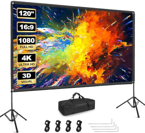 Outdoor Projector Screen with Stand, Qoolfoto 120 Inch Portable Projector Screen, Indoor Outdoor Projection Screen 16:9 4K HD Wrinkle-Free Movie Screen with Carry Bag for Backyard Movies Home Theater