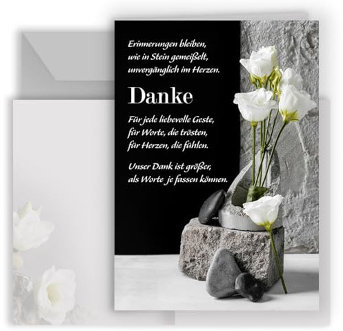 10 Danksagungskarten Trauer mit Text und Umschlägen in Grau Dankeskarte Klappkarten Trauerkarten Danksagungskarte Kondolenzkarten Beerdigung Anteilnahme Kondolenzkarte in Schwarz Weiß mit Blumen