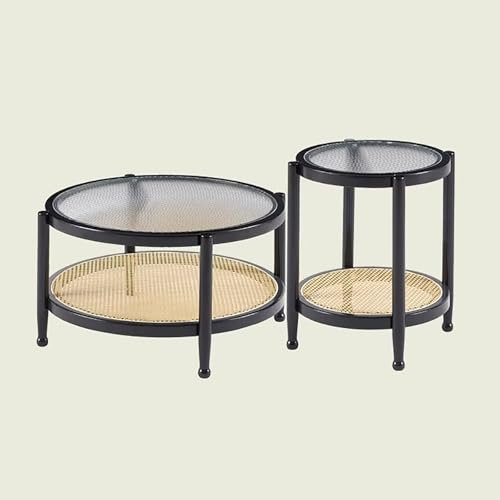 KISDFOND Table Basse Ronde, Bouts de Canapé de Salon, Table d Appoint Salon, Cadre Rond en Verre Rayé et Bois, Plateau de Table Amovible, Convient pour Le Salon, l'appartement(Black)