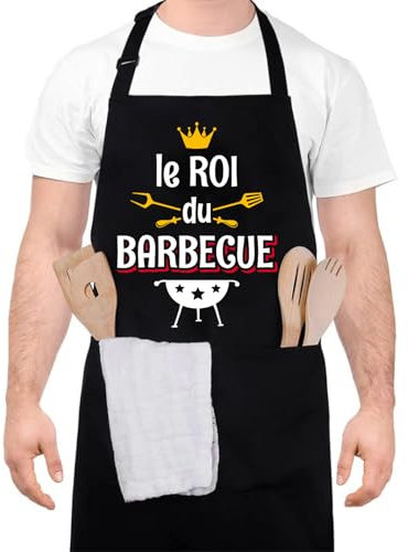Tablier Barbecue Homme, Tablier de Cuisine pour Homme, Réglable Étanche Noir Tablier BBQ personnalisé pour Barbecue Fête, Fête des Pères, Anniversaire, Noël, Saint-Valentin (le ROI du BARBECUE)