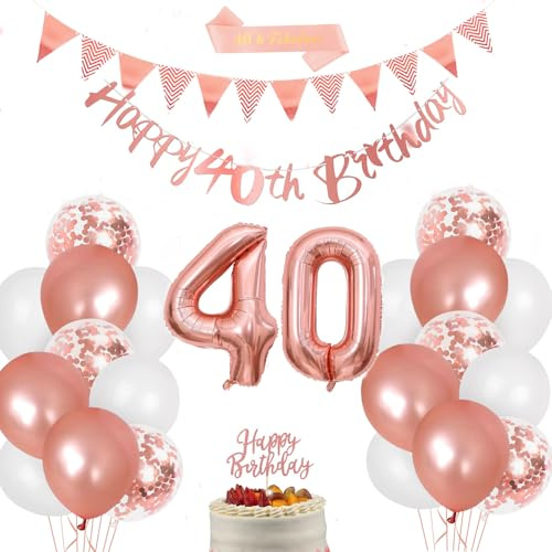 40. Geburtstag Deko, Rosegold Luftballons 40. Geburtstag für Frauen | Rose Gold Folienballon Zahl 40, Happy 40th Birthday Banner, 40 Geburtstags Fabulous Sash, Cake Topper für 40 Geburtstagsdeko