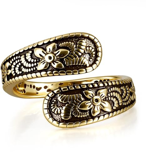 Teppdfann Vintage 14K Gold Plated Spoon Ring – Adjustable Ring with Carving Design for Women, Unique Boho Open Ring for Gift