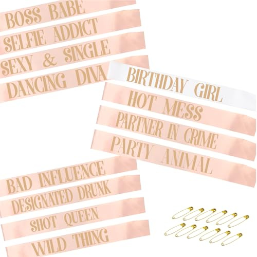 STAY GENT 12Pcs Birthday Sashes for Girls and Women, 1Pcs White Birthday Girl Sash + 11Pcs Rose Gold Satin Sashes for Birthday Gifts Party Favors Decor Supplies