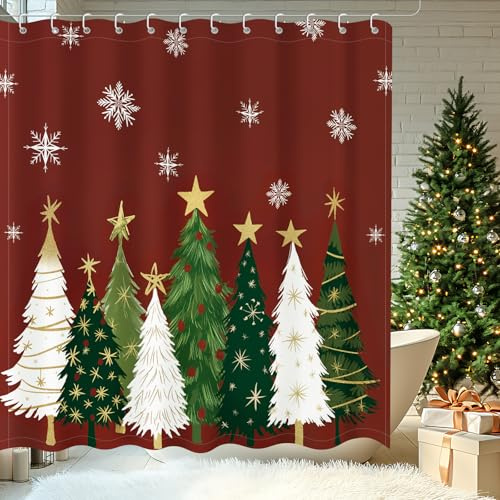 Merry Christmas Shower Curtain Winter Red Bathroom Curtain Set 72x72 Inch