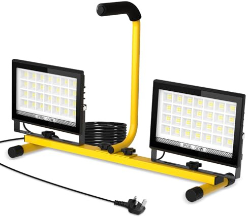 T-SUN Lampe de travail LED 11 000 lumens avec support et poignée, 2 projecteurs LED à tête réglable avec cordon de 4 m, interrupteur individuel, étanche IP66, lampes de travail pliables pour intérieur