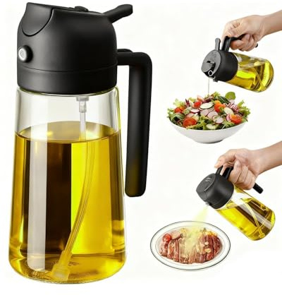 JIMYIU Spruzzatore d‘Olio in Vetro da 16oz / 470ml - Dispensatore d‘Olio d‘Oliva 2-in-1, Essenziale per Cucina per Friggitrici ad Aria, Insalate, Frittura, Grigliate e Cottura al Forno (Nero)