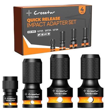 Crosstar Impact to 1/4 Hex Converter Set,Screwdriver Bit Holders,for Electric & impact Wrenches,Cr-Mo Steel,1/2 3/8 1/4-Inch Square Drive Female to Hex Socket, Quick Release Chuck Adapter,4 Pcs