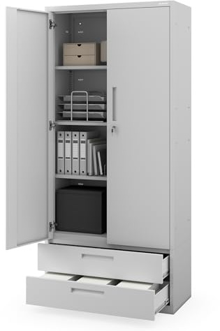 Jan Nowak Aktenschrank Büroschrank Metall mit 2 Schubladen, 195x90x40 cm | Dokumentenschrank, Ordnerschrank abschließbar mit 2 Schubladen, verstellbaren Fachböden, Stahlkorpus, Büro und Archiv