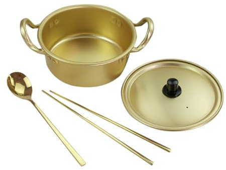 MOKKHNB Aluminum Korean Ramen Cooker Pot 16Cm with Gold Chopsticks, Fork Spoon Set Multi-Function Household Noodle Pot for Camping and Daily Kitchen Use