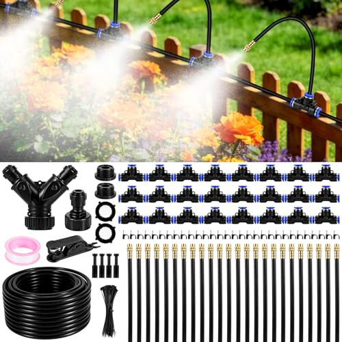 Fizzyo Drip Irrigation System for Garden, 100 Ft Quick-Connect Garden Irrigation System Kit with 24 360°Adjustable Copper Nozzles Hose, Automatic Garden Watering System for Plant Yard Lawn Greenhouse