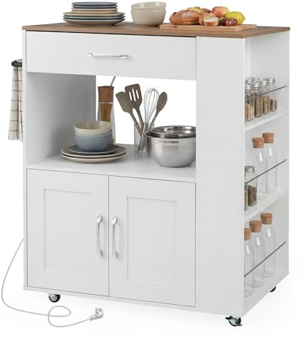 TANGZON Kitchen Storage Trolley on Wheels, Kitchen Island with Large Cabinet, Drawer, Open Shelf, 3 Spice Racks & Towel Rack, Wooden Countertop Utility Serving Cart (with Power Outlets, White+Natural)