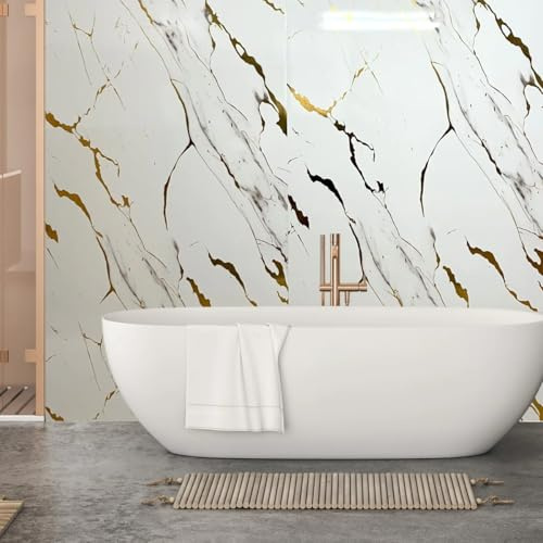 White Gold Marble Effect Shower Wall Panel, 1m x 2.4m x 10mm, PVC, Waterproof & Easy to Install Wall Panels