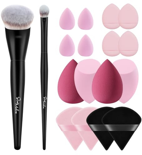 16 Pieces Makeup Sponge Set and Brush | Vegan Beauty Blender, Foundation & Concealer Brush, Powder Puff | Complete Face Makeup Kit for Flawless Liquid, Cream & Powder Application