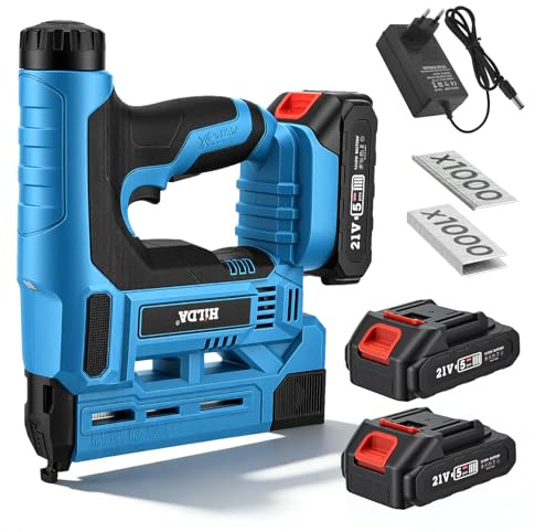 2-in-1 Akku Nagler Set,18GA Nagelpistole & Tacker, Elektrotacker | 2x 2,0Ah Akkus + Ladegerät, 1000 Nägel + 1000 Klammern, 6-stufige Geschwindigkeit, einstellbare Tiefe, Möbel & Polster