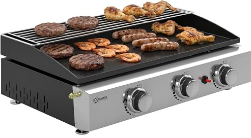 Outsunny Piastra a gas con 3 bruciatori in acciaio inox, 7,5 kW, barbecue a gas con piastra smaltata, resistente al calore e facile da pulire, barbecue da tavolo con griglia di riscaldamento, nero