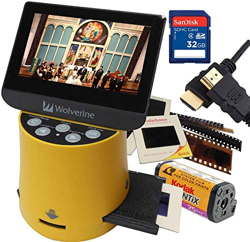 Wolverine Titan 8-in-1 20MP High Resolution Film to Digital Converter with 4.3 Screen and HDMI Output, Worldwide Voltage 110V/240V AC Adapter, 32GB SD Card & 6ft HDMI Cable Bundle (Yellow)