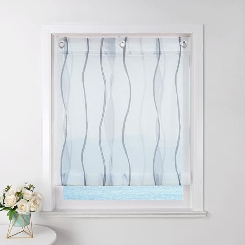 ESLIR Raffrollo mit Ösen Gardinen Küche Raffgardinen Transparent Ösenrollo Vorhänge Mit Wellen-Druck Modern Voile Grau BxH 120x140cm 1 Stück