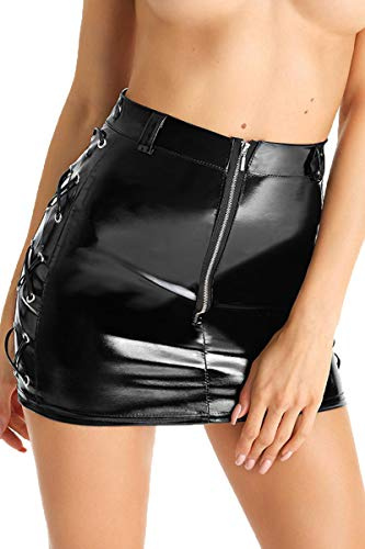 7Heaven Schwarzer Wetlook Gogo Lack Minirock dehnbar mit Reißverschluss und Schnürung erotisch