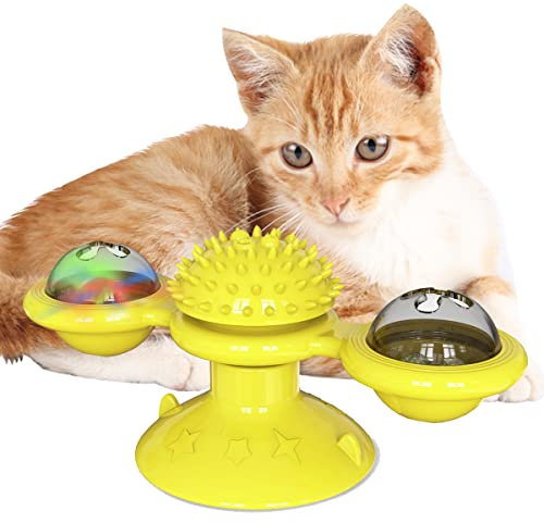 Cdipesp Moulin à vent pour chat avec herbe à chat, jouet interactif avec ventouse pour chaton, jouet de massage pour chats d'intérieur (jaune)