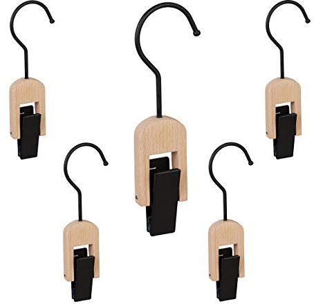 Relaxdays Klemmhaken 5er Set, gummiert, Kleiderklammer mit Haken, für Tücher & Mützen, aus Holz & Eisen, schwarz-Natur