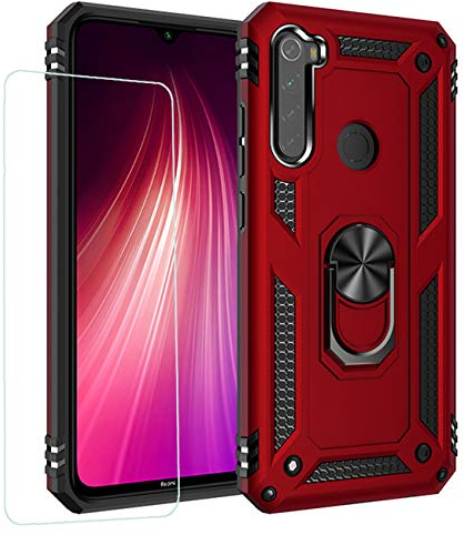JOYTAG Hülle für Xiaomi Redmi Note 8 handyHülle+ Gehärtetes Glas Schutzfolie Silikon TPU 360 Grad Drehring aus Halter magnetisch Autotelefon case-Rote