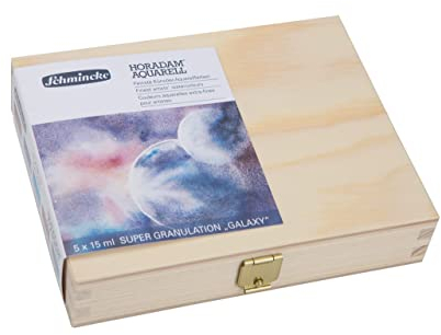 Schmincke – HORADAM® AQUARELL, Super Granulation Set Galaxie, 5 x 15 ml-Tuben, 74 842 097, Holzkasten, sehr stark granulierende Farbtöne, feinste, supergranulierende Aquarellfarben