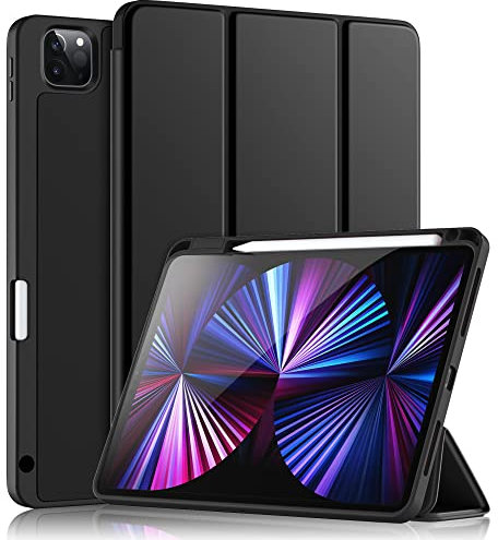 Wenlaty Étui compatible avec iPad Pro 11 4e/3e/2e génération avec porte-crayon, coque de protection fine à trois volets avec dos en TPU souple, veille/réveil automatique, noir