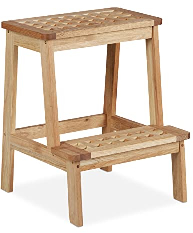 Relaxdays Tritthocker Walnussholz, 2 Stufen, Trittschemel Kinder, bis 60 kg, HBT: 47x38x38 cm, Pflanzenhocker, Natur