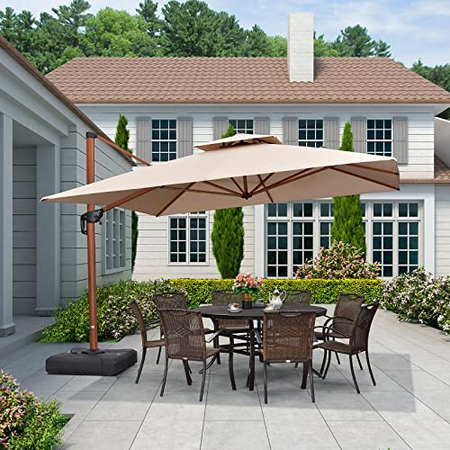 Purple Leaf - Parasol d'extérieur carré - 3,3 x 3,3 m - En bois massif - Pivotant à 360 °, à manivelle - Parasol inclinable - kaki