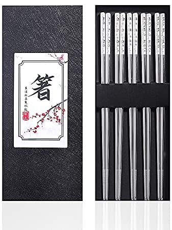 Moxilyn 5 Paar Edelstahl-Essstäbchen,Buntes Wiederverwendbare Chinesische Chopsticks Set,Waschbar Für GeschirrspüLer Metall Stäbchen,Geschirr Geschenkset(Silber)