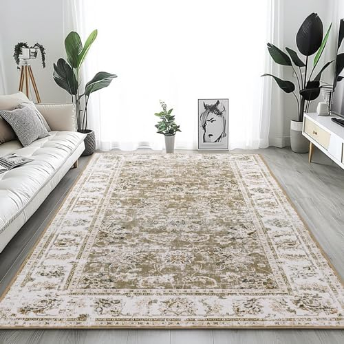 TOPICK Hellbraun Teppich 120x180cm Wohnzimmer Waschbar Superdünne Vintage Blumen Kurzflor Lang Küche Schlafzimmer Wohnzimmer Mädchen Floral Antirutschunterlage Zusammenklappbar