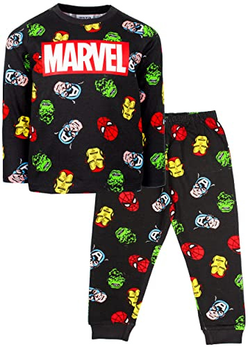 Marvel - Kinder-Schlafanzug – Schwarzer langärmeliger Schlafanzug mit Marvel Superhelden – 100% Baumwolle Nachtwäsche – Offizieller Marvel Merchandise