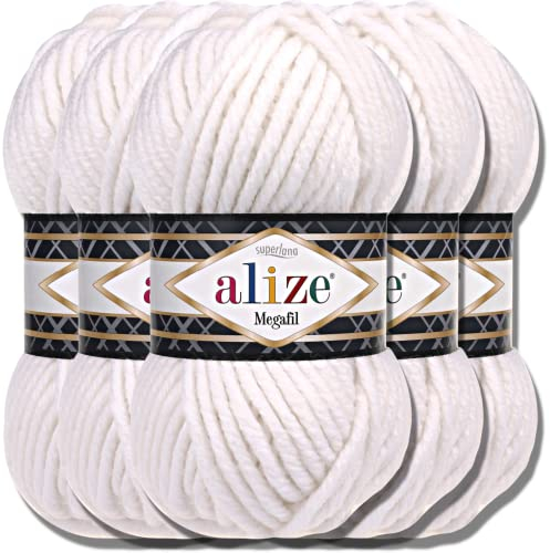 Alize 5x 100g Superlana Megafil Türkische Wolle Super Bulky Chenillegarn Babywolle Handstrickgarn häkeln weiches Chenille-Garn XXL-Knäuel für Amigurumi Yarn Garn (White | 55)