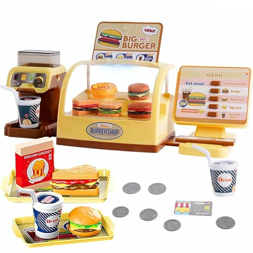 COO11 25pcs Kids Cash Register Playset with Sound POS Machine and Cashier Counter, Pretend Play Burger Shop, Restaurant Role Play Food Accessories, Educational Toy for Toddlers Ages 3+